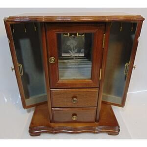 Jewelry Box Vintage Swing Door 2 Drawer Etched Glass Center Solid Wood Mirror
